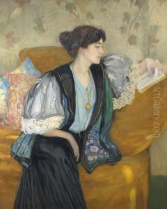 Portrait De Femme Lisant Sur Son Sofa by Henry Caro-Delvaille