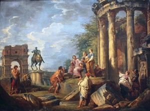 Architectural Ruins with the Arch of Janus, the Temple of Vesta and the Equestrian Statue of Marcus Aurelius by Giovanni Paolo Panini