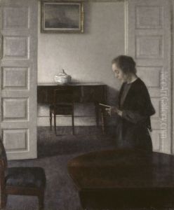Interior med lasande dam by Vilhelm Hammershoi
