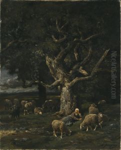 A Shepherdess and her Sheep by Charles Jacque