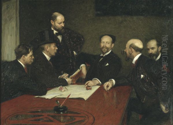 Konstnarsforbundets styrelse Sittande fr.v. Christian Eriksson, Eugene Jansson, Karl Nordstrom(ordf), Robert Thegerstrom, Richard Bergh. Staende Nils Kreuger. - view 1