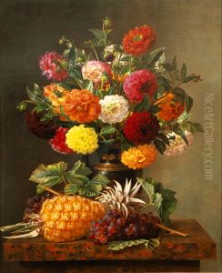 Still Life of Dahlias with Pineapple and Grapes