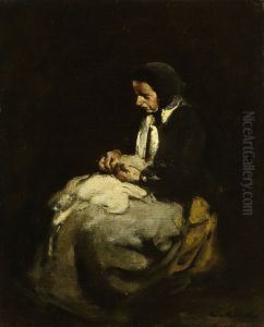 De naaister by Augustin Theodule Ribot