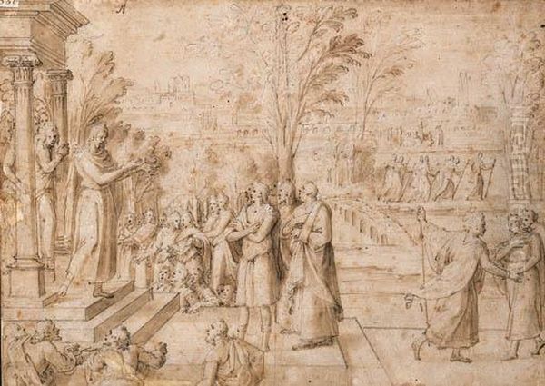 Figures Imploring A Priest On The Steps Of A Temple - view 1