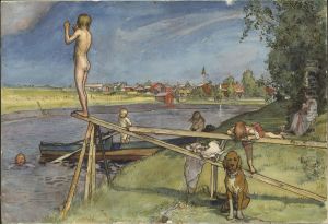 A Pleasant Bathing-Place. From A Home (26 watercolours) by Carl Larsson
