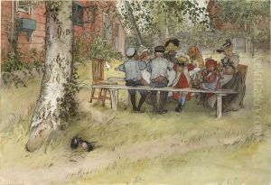 Breakfast under the Big Birch. From A Home (26 watercolours) by Carl Larsson