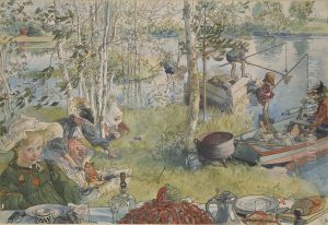 Crayfishing. From A Home (26 watercolours) by Carl Larsson
