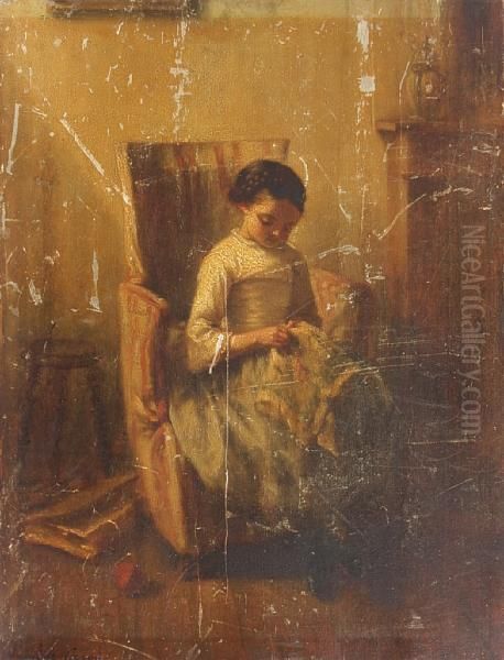 Young Girl Embroidering - view 1