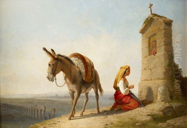 Woman and Donkey by a Roadside Shrine - view 1