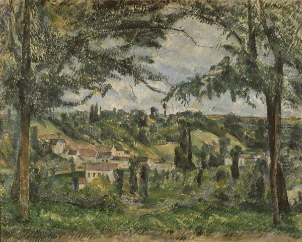 Le Hameau des Patis a Pontoise, encadre par des arbres (Hamlet of Patis in Pontoise, framed by trees) - view 1