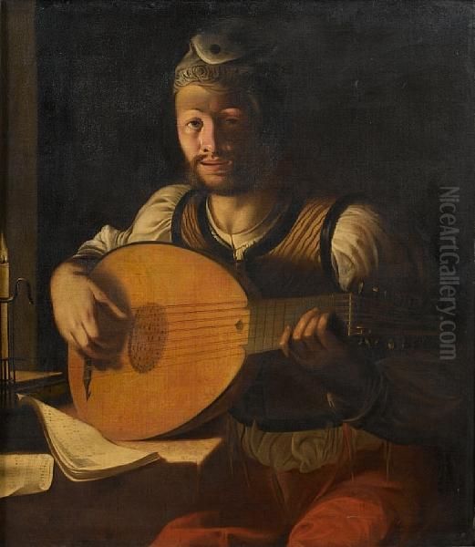 A Young Man Playing A Lute By Candlelight - view 1