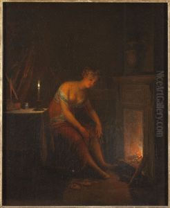 Dam, knytande sitt strumpeband by Aleksander Laureus