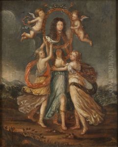 Tre allegoriska figurer barande Karl XI:s portratt by David Klocker Ehrenstrahl