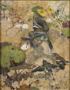 Chaffinches and Dragonflies. Five studies in one frame, NM 2223-2227 by Bruno Andreas Liljefors