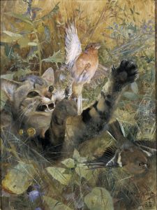 Katt och bofink. En av fem djurstudier i samma ram, NM 2223-2227 by Bruno Andreas Liljefors