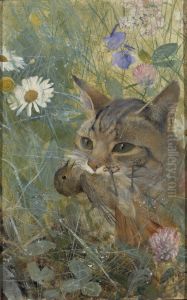 A Cat with a Young Bird in its Mouth. Five studies in one frame NM 2223-2227 by Bruno Andreas Liljefors