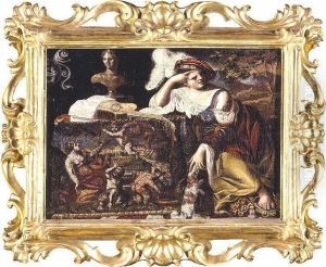 A Lady Seated At A Table Draped With A Tapestry by Pseudo Caroselli