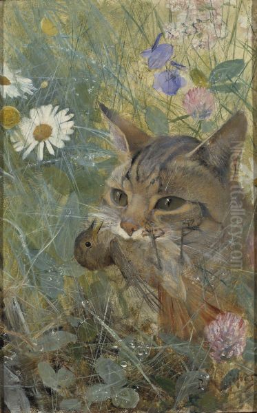 Katt med fagelunge i mun. En av fem djurstudier i samma ram, NM 2223-2227 - view 1