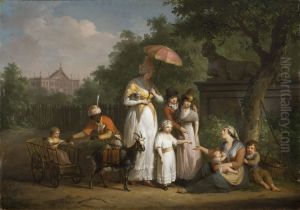 Adelige Familie, die Almosen in einem Park verteilt by Mattheus Ignatius van Bree