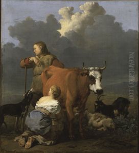 Bondflicka mjolkande en ko by Karel Dujardin