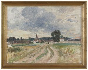 Landskap med en kyrka. Studie by Alfred Wahlberg
