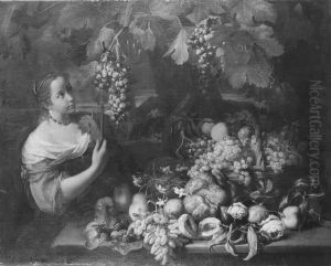 Flicka med druvklase och fruktstilleben by Abraham Brueghel