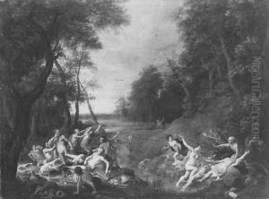 Diana och hennes nymfer overraskade av satyrer by Frans Wouters