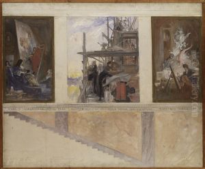 Andra forslaget till fresker i NM:s nedre trapphall, sodra vaggen, tre bildfalt by Carl Larsson