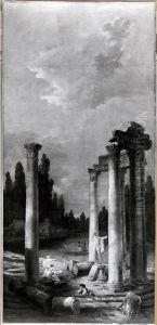 Antikt rundtempel i ruiner med Apollo di Belvedere by Hubert Robert