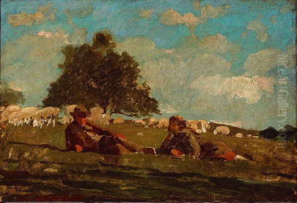 Boy and Girl in a Field with Sheep - view 1