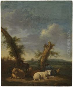 Landscape with Sheep and a Sleeping Shepherd by Adriaen Van De Velde