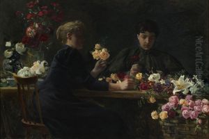 Damer vid ett blomsterbord Damer vid ett blomsterbord