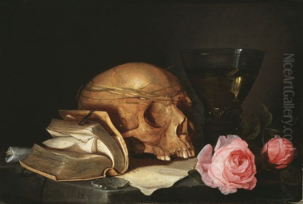 A Vanitas Still-Life with a Skull, a Book and Roses - view 1