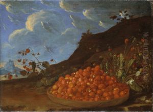 En korg med smultron i ett landskap En korg med smultron i ett landskap