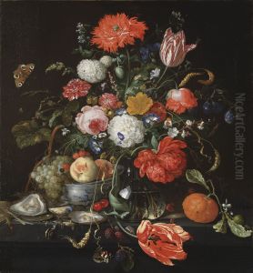 Blomsterstilleben med fruktskal och ostron