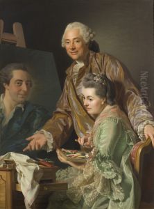 Sjalvportratt med hustrun Marie Suzanne Giroust malande Henrik Wilhelm Peills portratt by Alexander Roslin