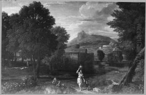 Landskap med kvinna barande ett krus by Jan Frans van Bloemen
