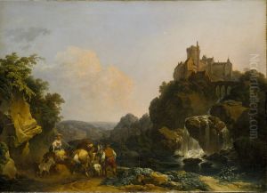 Landskap med vattenfall, slott och bondfolk by Philip James de Loutherbourg