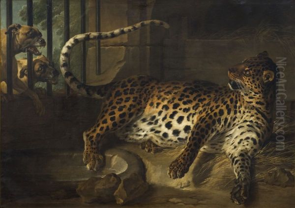 Leopard in a Cage confronted by two Mastiffs - view 1