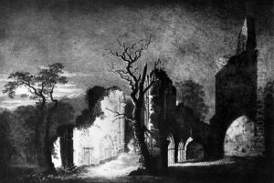 Westfassade der Ruine Eldena mit Backhaus und Scheune