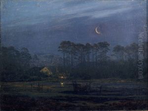Abend am Fluss / Einsames Haus am Kiefernwald by Caspar David Friedrich