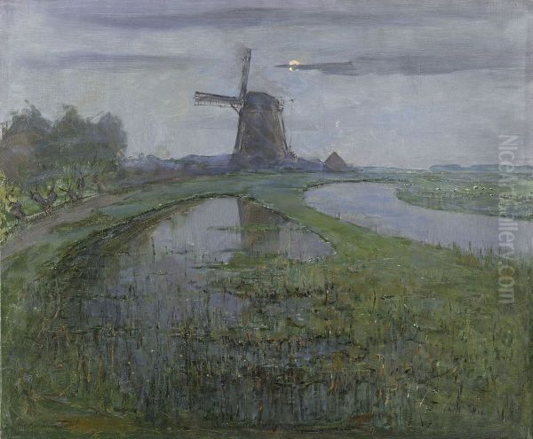 Oostzijdse Mill along the River Gein by Moonlight - view 1