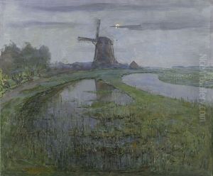 Oostzijdse Mill along the River Gein by Moonlight by Piet Mondrian