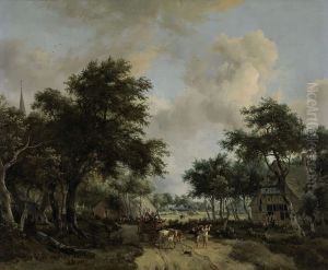 Boslandschap met een vrolijk gezelschap in een wagen by Meindert Hobbema