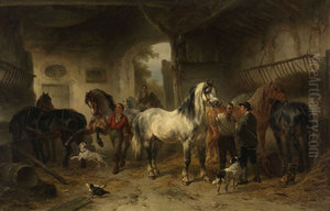 Interieur van een stal met paarden en figuren Interieur van een stal met paarden en figuren