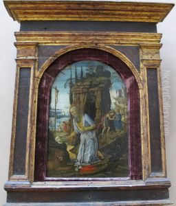 Saint Jerome dans le desert ; A l'arriere-plan, la rencontre entre le Christ et saint Jean Baptiste enfants, et l'appparition du Christ a saint Augustin