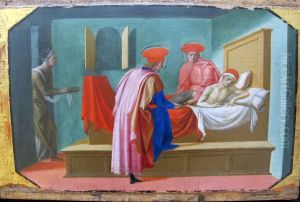 Saint Francois d' Assise recevant les stigmates, saint Cosme et saint Damien soignant un malade by Pesellino