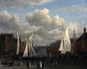 Gezicht op het Damrak met op de voorgrond de Dam te Amsterdam by Jacob Van Ruisdael