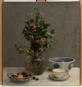 Still Life with Vase of Hawthorn, Bowl of Cherries, Japanese Bowl, and Cup and Saucer by Henri Fantin-Latour