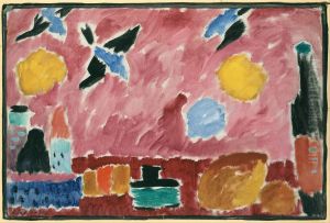 Still Life with Bottle, Bread and red Wallpaper with Swallows